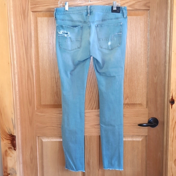 Sz 12 Long American Eagle Faded Blue Skinny Ripped Jeans - Picture 5 of 12
